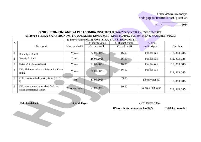 Yakuniy nazoratlar jadvali 2024-2025 o‘quv yili
