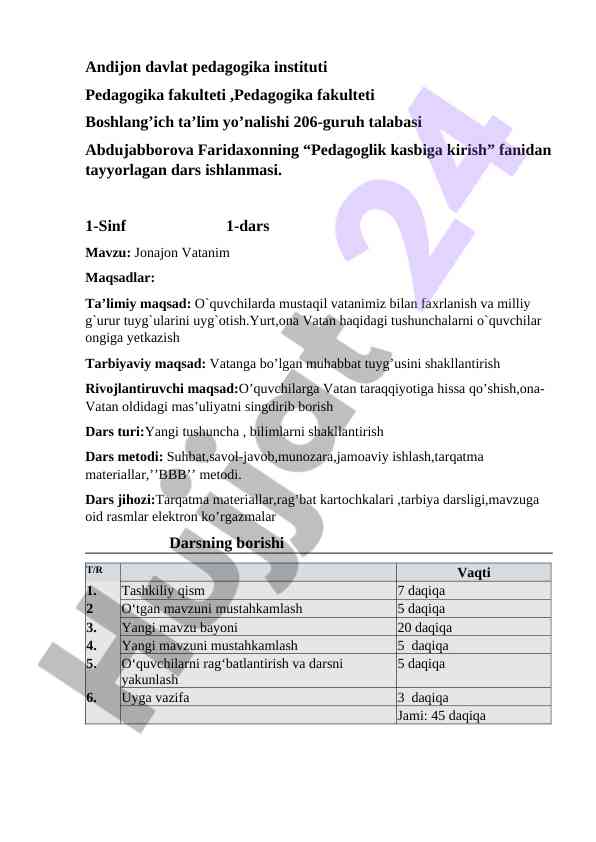 Pedagoglik kasbiga kirish dars ishlanmasi