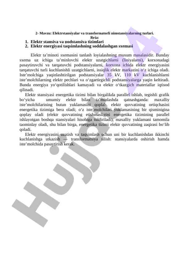 Elektr stansiyalar va transformatorli nimstansiyalar