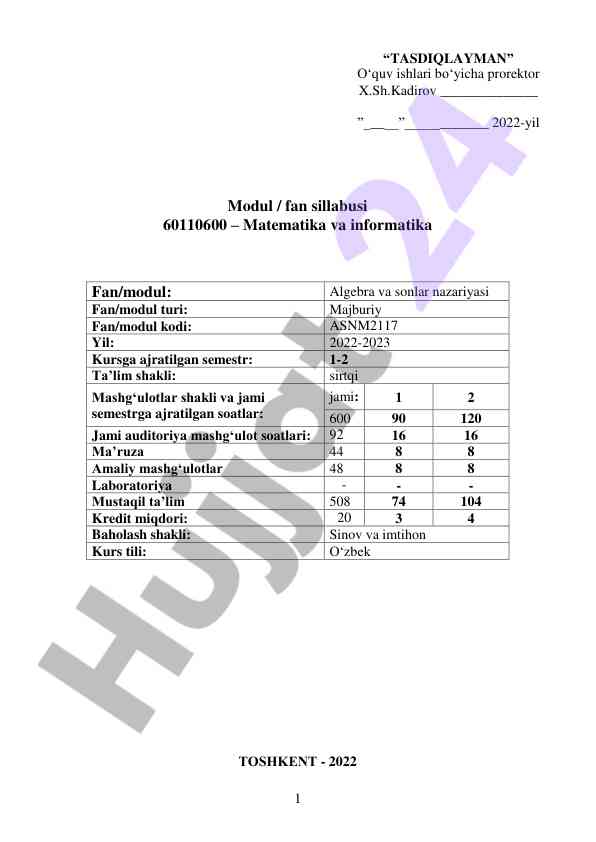 Algebra va sonlar nazariyasi sillabusi 2022-2023