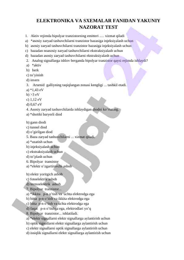 Bipolyar tranzistorlar bilan test savollari