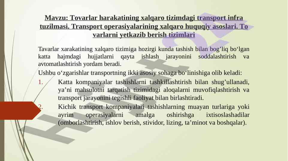 Transport infratuzilmasi va tovarlar harakati