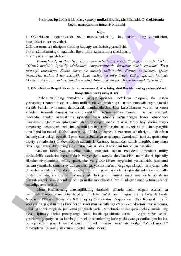 Iqtisodiy islohotlar va bozor munosabatlari
