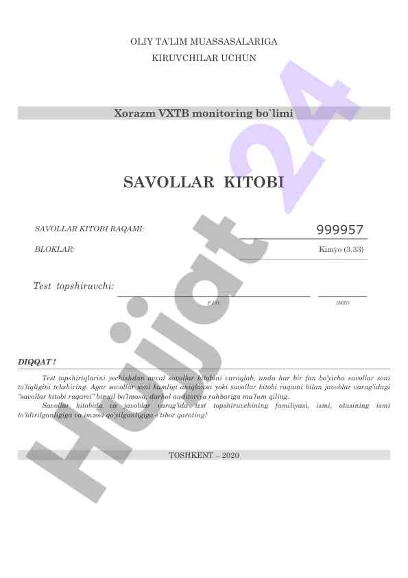 Kimyo test savollari kitobi