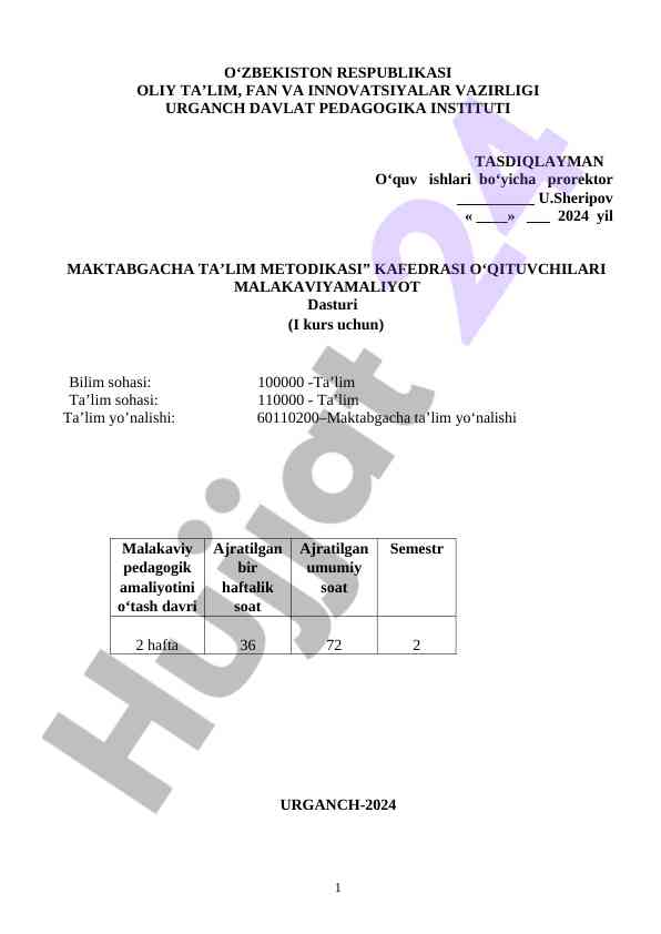 Maktabgacha ta'lim metodikasi dasturi