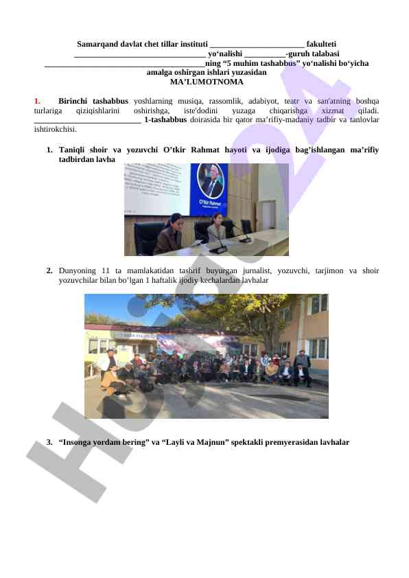 Yoshlarni rivojlantirish tashabbuslari bo‘yicha ma'lumotnoma