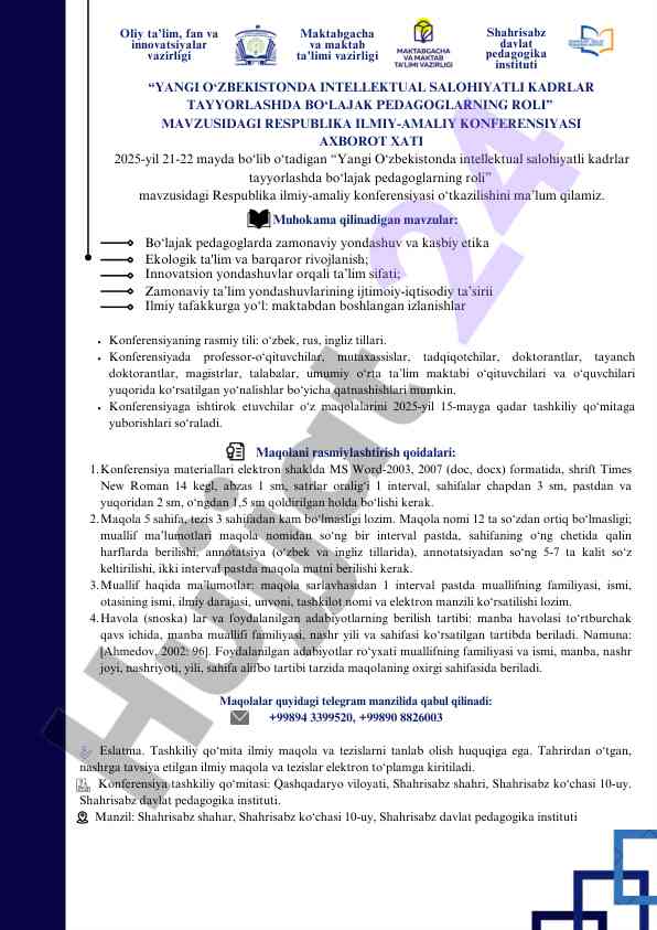O‘zbekiston pedagoglarining roli konferensiyasi