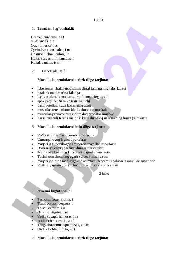 Tibbiyot terminlarining o‘zbekcha va lotincha tarjimasi