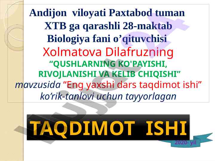 Qushlarning ko'payishi va rivojlanishi taqdimoti
