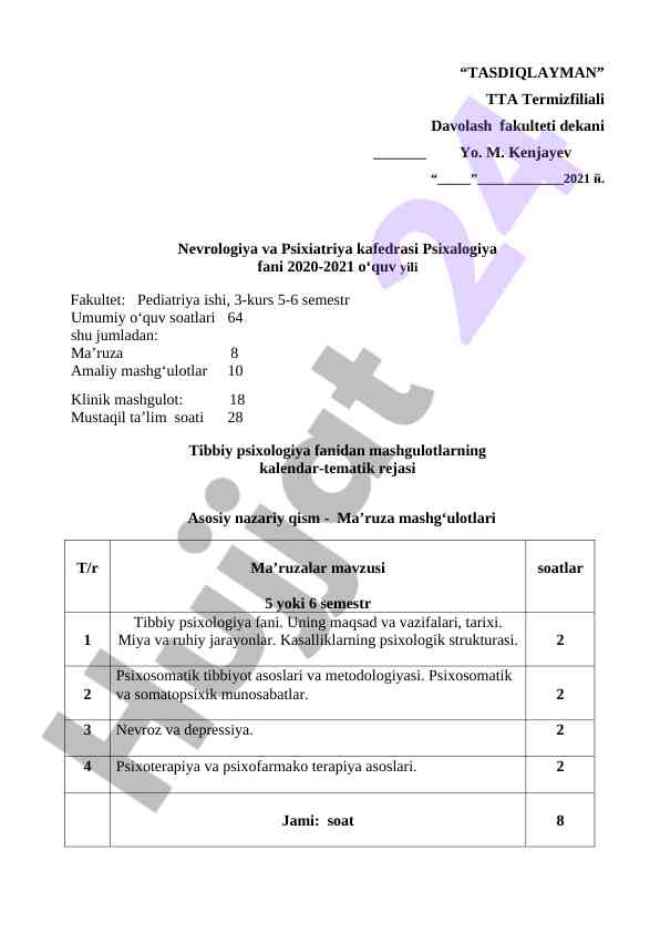 Tibbiy psixologiya fani kalendar tematik rejasi