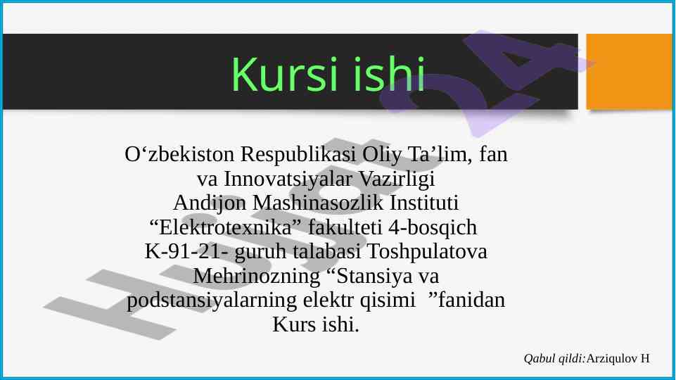 Podstansiyalarning elektr qismlarini loyihalash
