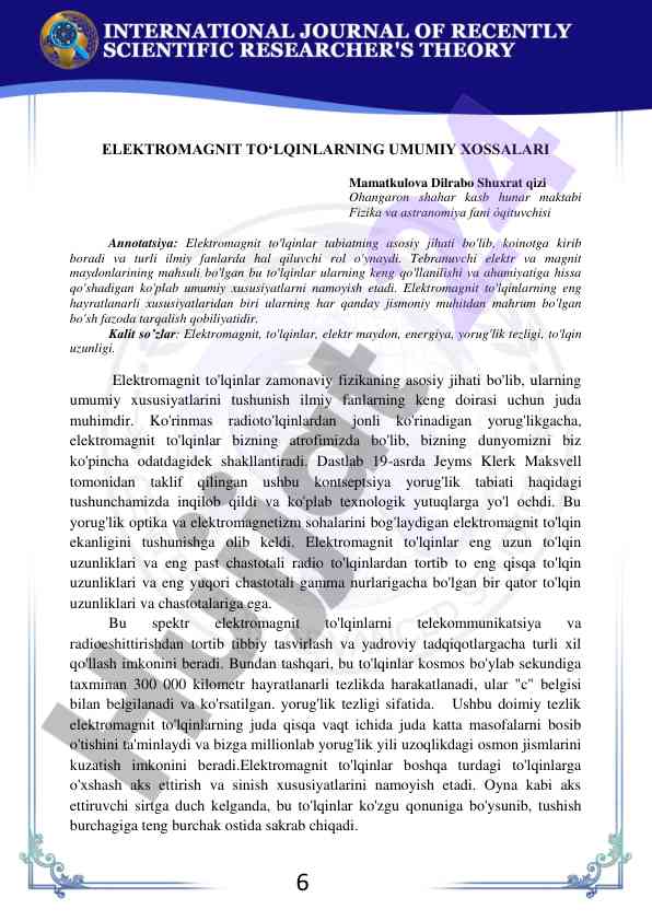 Elektromagnit to'lqinlarning umumiy xossalari