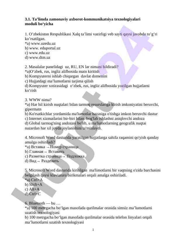 Axborot-kommunikatsiya texnologiyalari test savollari