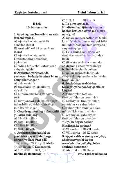 Jahon tarixi 7-sinf test savollari
