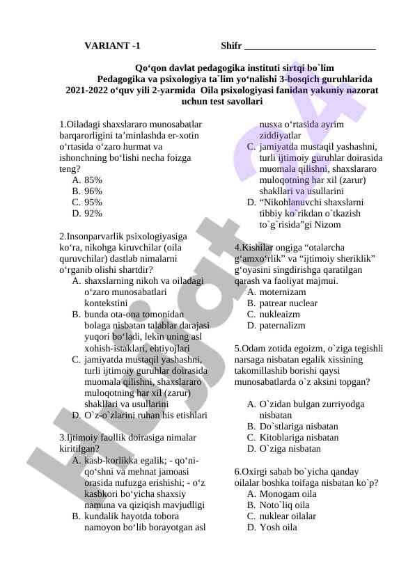 Oila psixologiyasi fanidan yakuniy nazorat test savollari