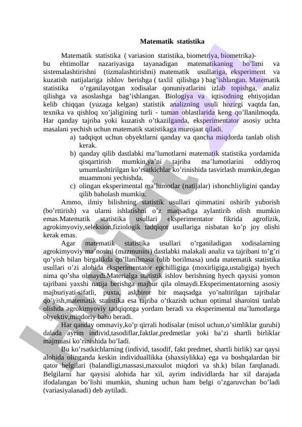 Matematik statistika va uning asosiy katta xususiyatlari