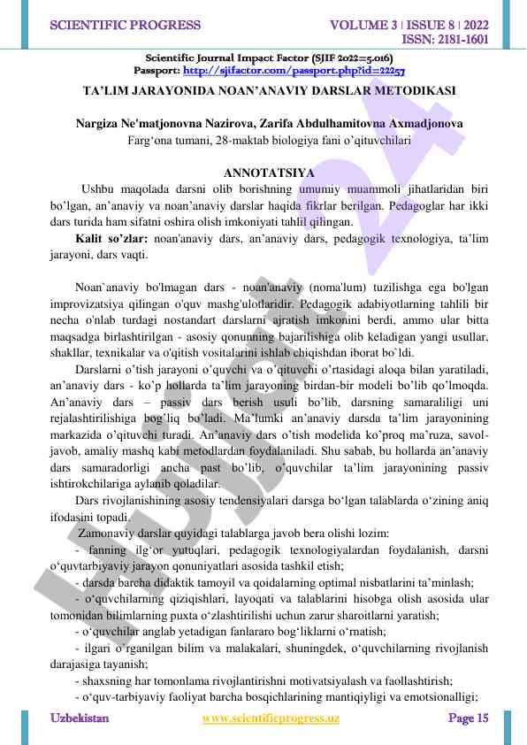 Noan'anaviy darslar metodikasi ta'lim jarayoni