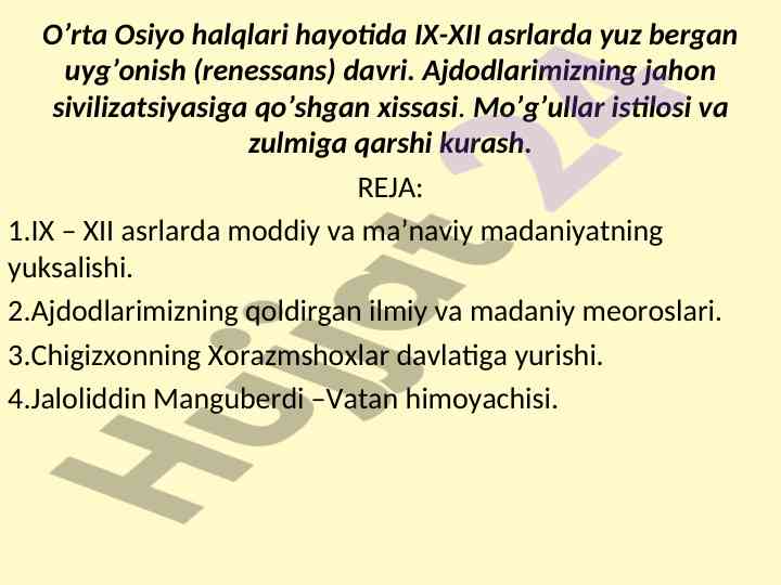 O'rta osiyo hayotidagi uyg'onish davri