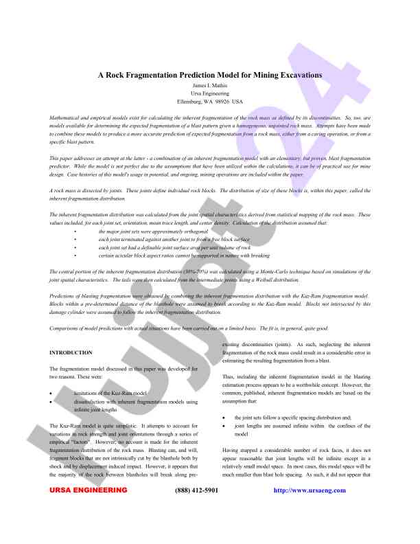 Rock fragmentation prediction model for mining operations