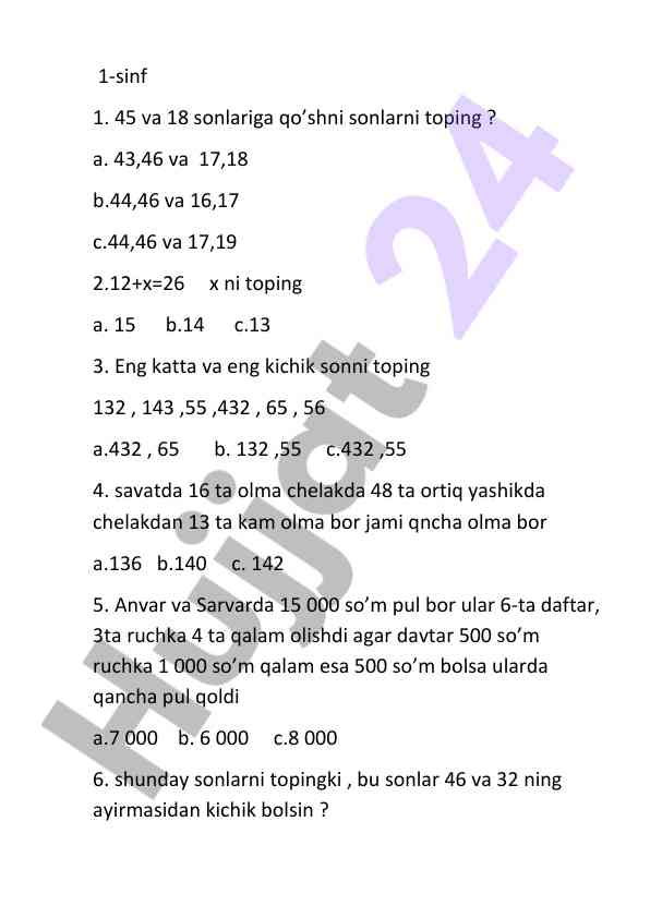 1-sinf matematik savollar va ma’suliyatlar