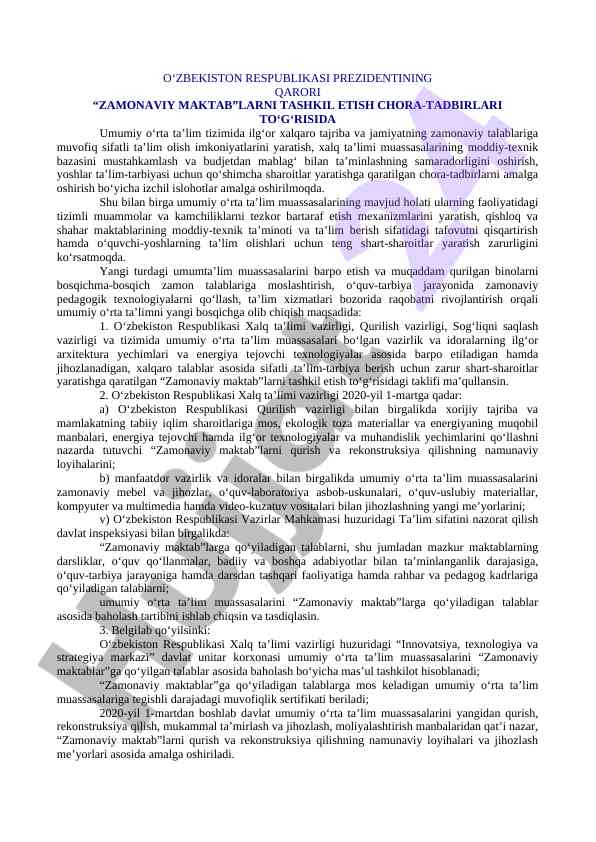 Zamonaviy maktablar tashkil etish chora-tadbirlari