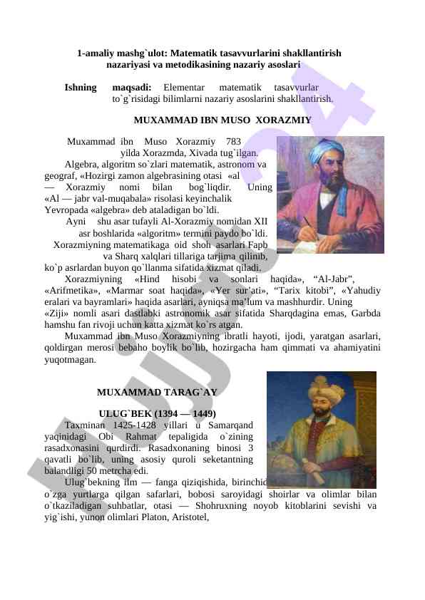 Matematik tasavvurlarini shakllantirish metodikasi
