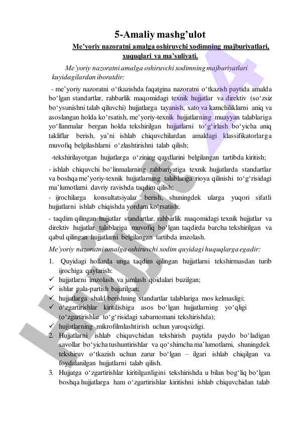 Me’yoriy nazoratni o’tkazish xodimining majburiyatlari