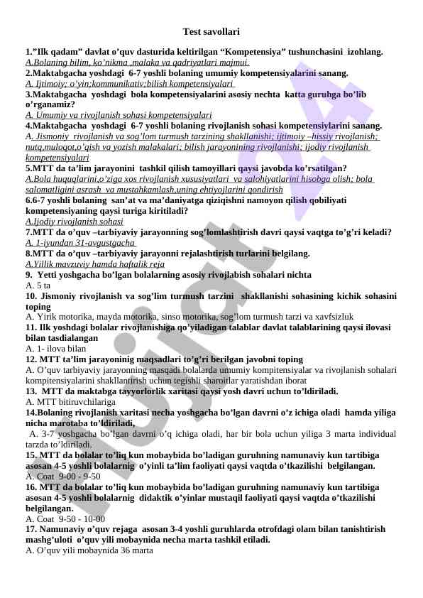 Maktabgacha yoshdagi bolalar uchun kompetensiyalar testlari