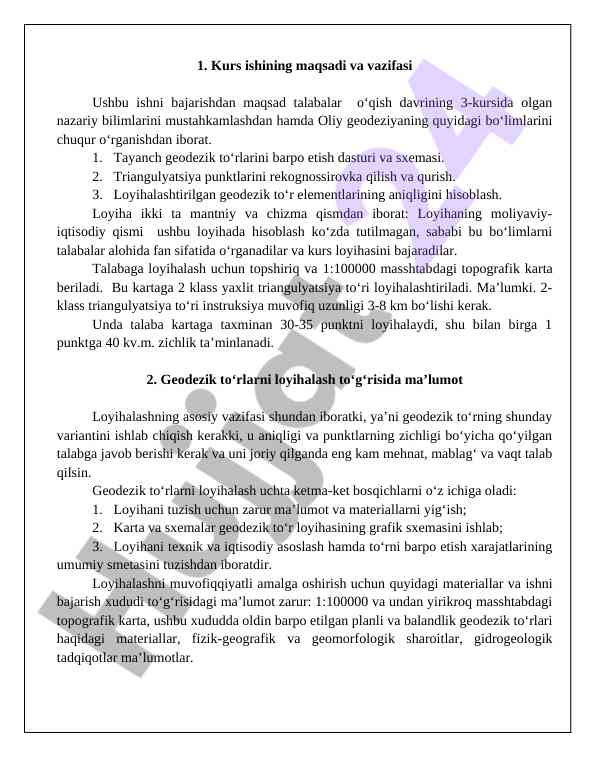 Geodeziya kursi loyihalari bo‘yicha o‘rganish