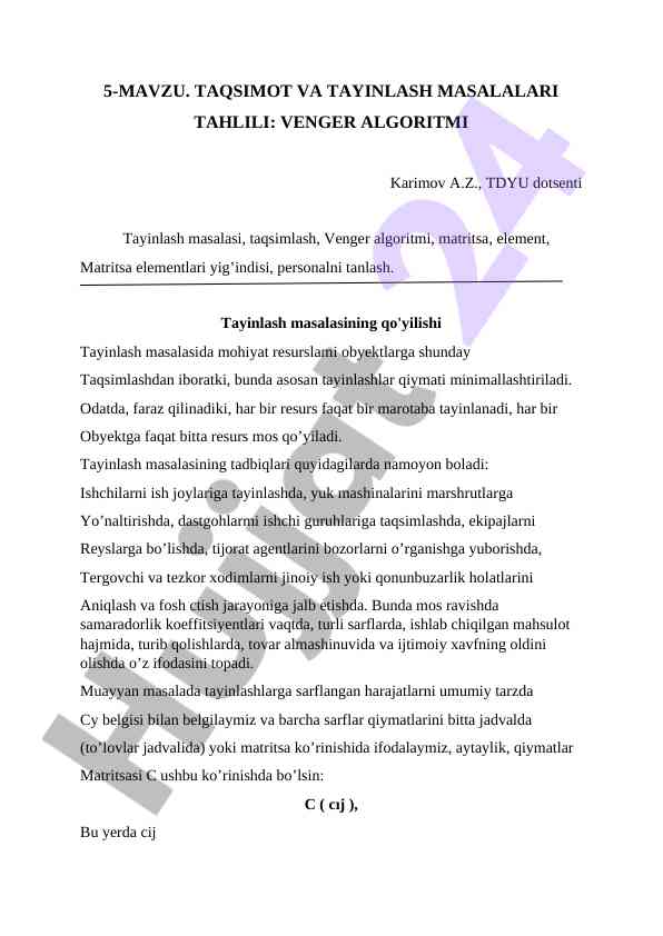 Taqsimot va tayinlash masalalari tahlili