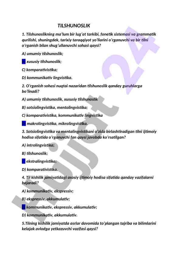 Tilshunoslik bo'yicha o'qish savollari