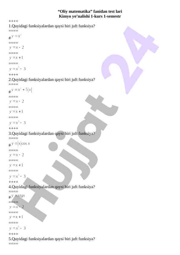 Oliy matematika fanidan test lari kimyo yo’nalishi