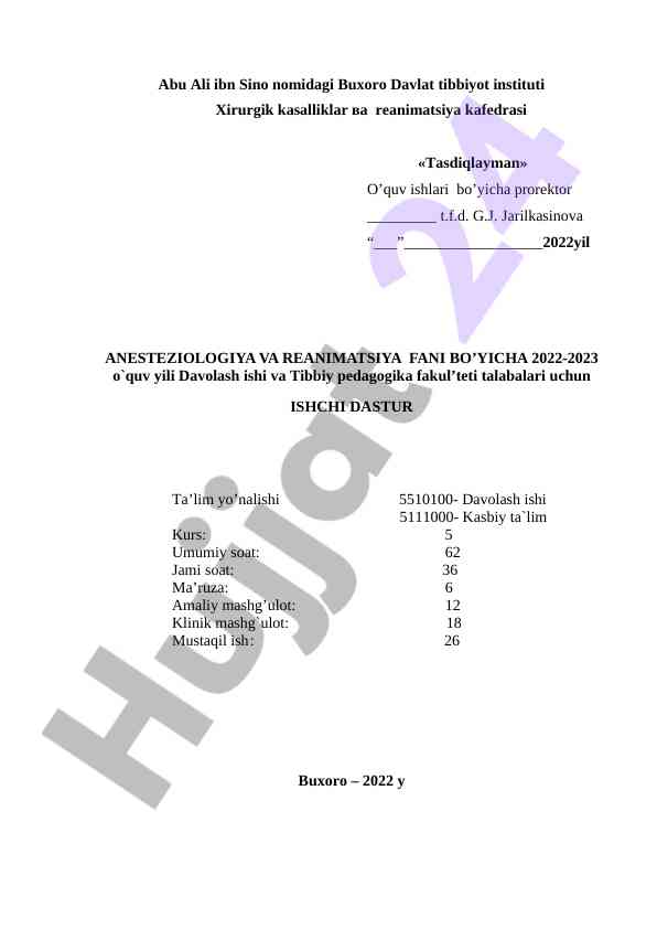 Anesteziologiya va reanimatsiya fani bo’yicha o’quv dasturi