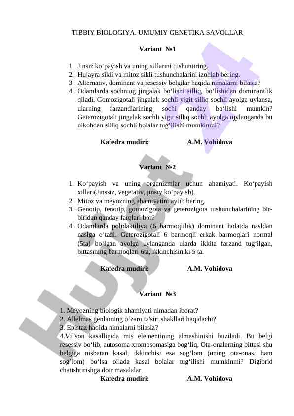 Tibbiy biologiya test savollari variant №1 va 2