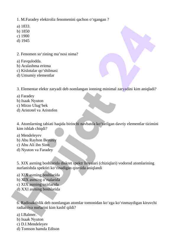 Kimyo fanidan test savollari