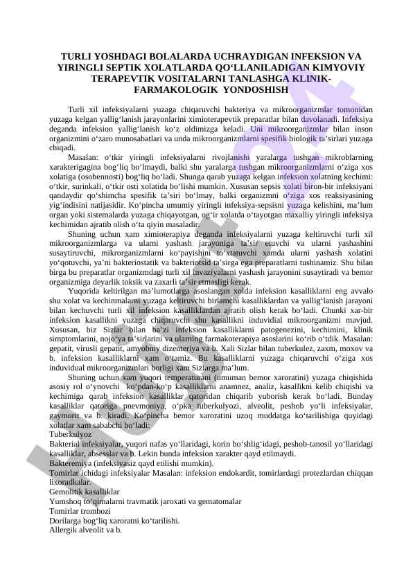 Kimyoviy terapevtik vositalar va infeksiyalar bilan kurash