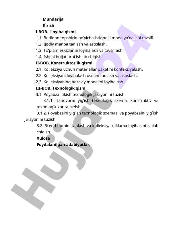 Loyiha qismi va texnologik jarayon tavsifi