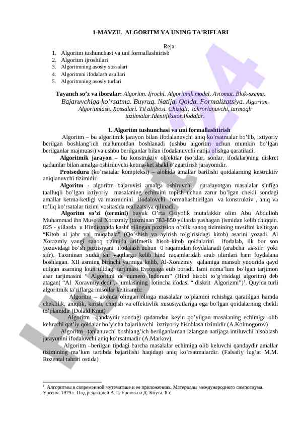 Algoritm va uning ta'riflari bo'yicha ma'lumotlar