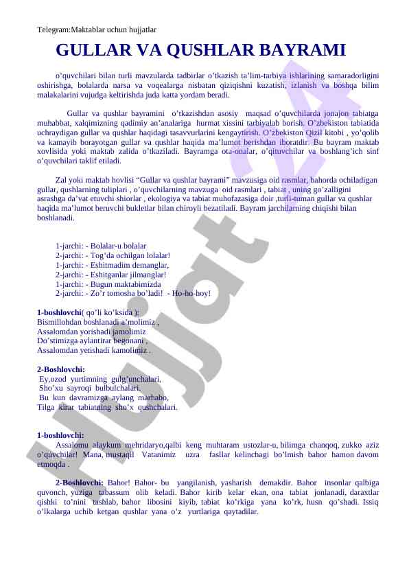 Gullar va qushlar bayrami tadbirini o’tkazish rejasi
