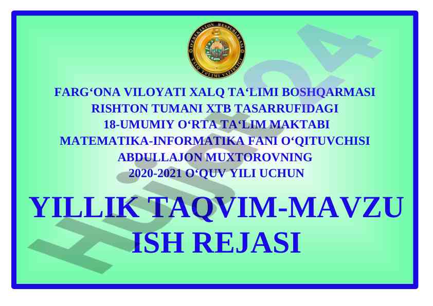 Informatika va axborot texnologiyalari yillik ish reja