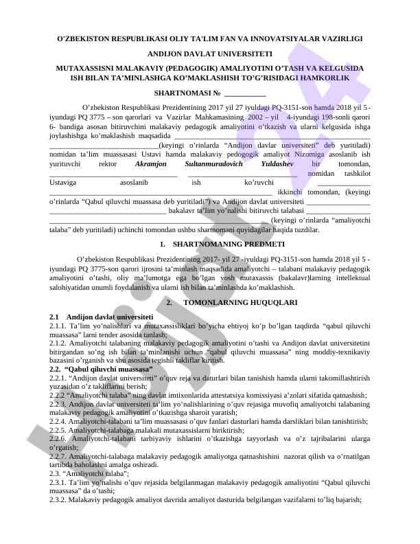 Hamkorlik shartnomasi o’tkazish tartibi