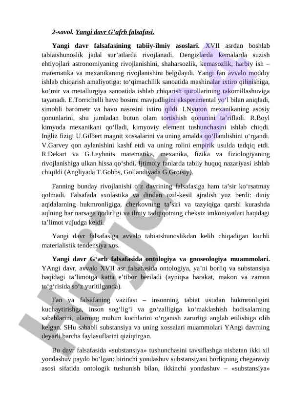 Yangi davr g'afrb falsafasi va tabiiy ilmiy asoslar