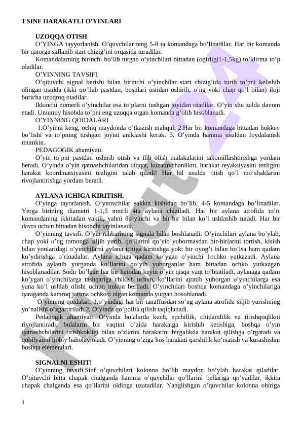 1 sinf harakatli o'yinlari uzoqqa otish o'yini