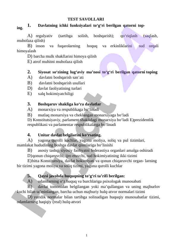 Davlatning ichki funksiyalari test savollari