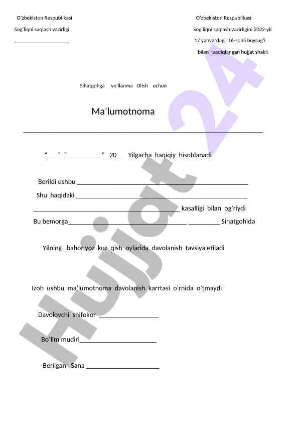 Sihatgohga yo’llanma olish uchun ma’lumotnoma