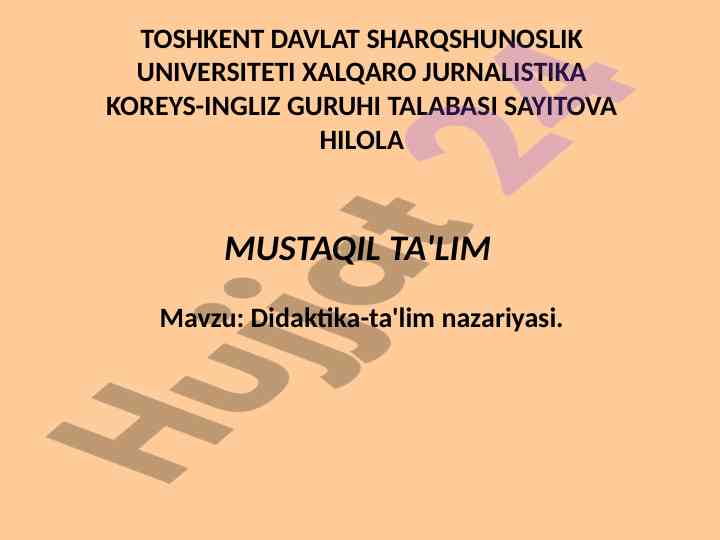 Didaktika-ta'lim nazariyasi mavzusi bo'yicha