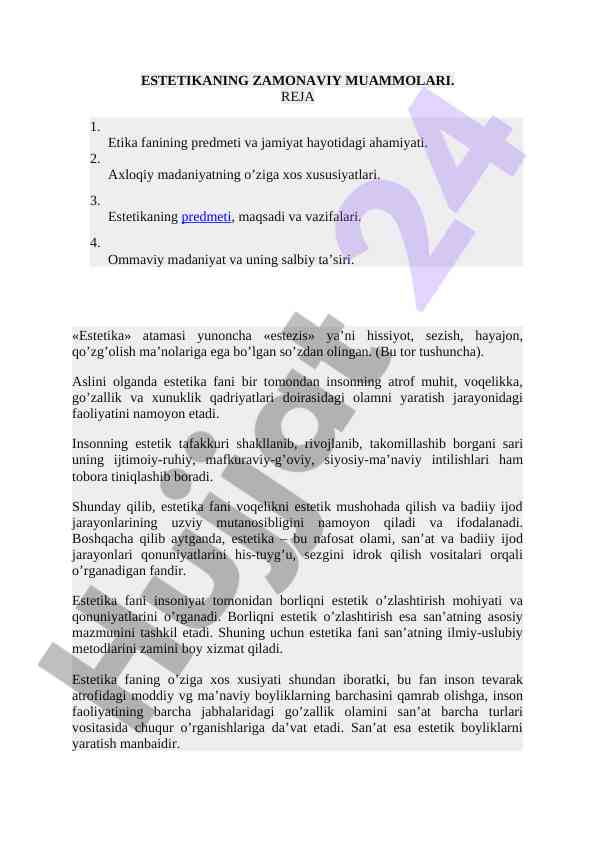 Estetikaning zamonaviy muammolari va ahmiyati