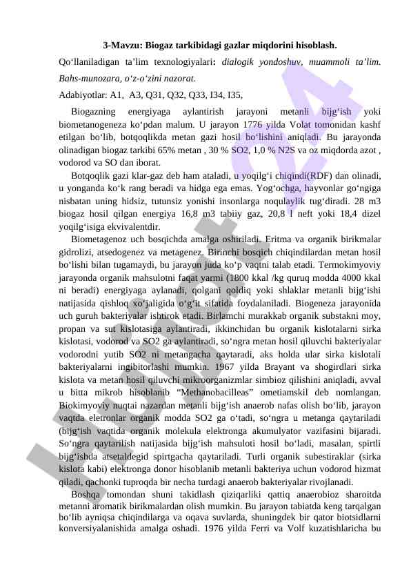 Biogaz tarkibidagi gazlar miqdorini hisoblash