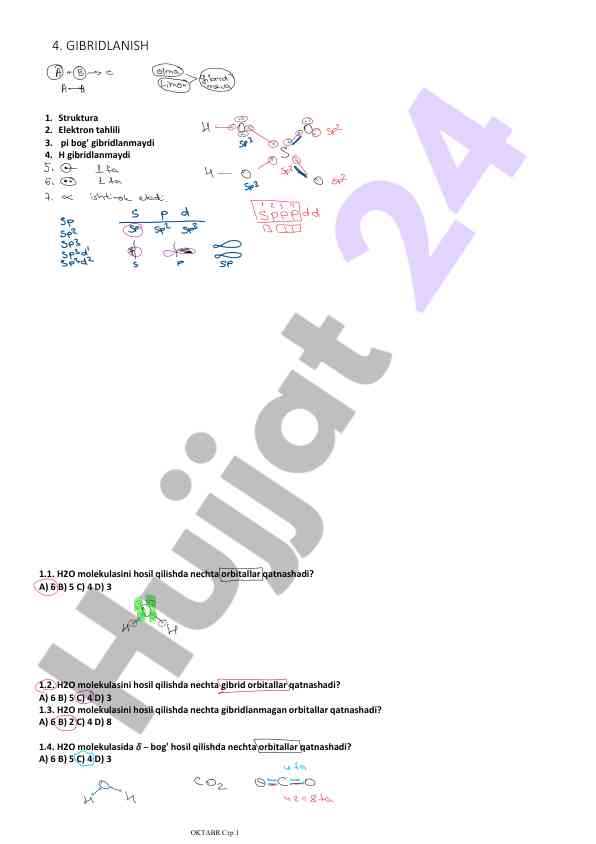 H2o molekulasining orbitalar tahlili testi
