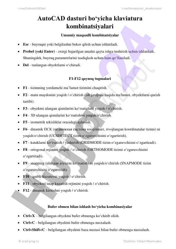 Autocad dasturi uchun klaviatura kombinatsiyalari